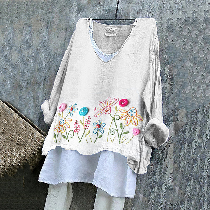 Women's Vintage Floral Embroidery Art  Loose V-neck Shirt elevenforest