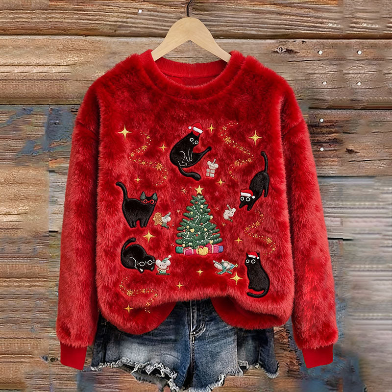Cute Black Cat Christmas Tree Art Women's Cozy Plush Sweater elevenforest