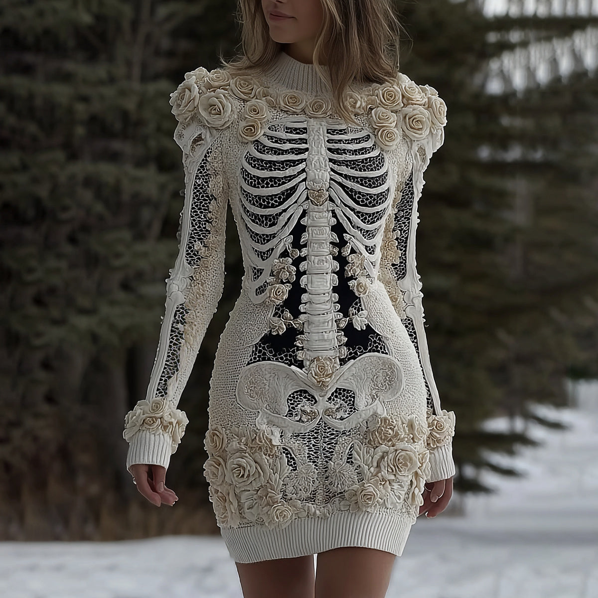 Comstylish Women's Halloween Skeleton Bones With Rose Art Cozy Knit Mini Sweater Dress