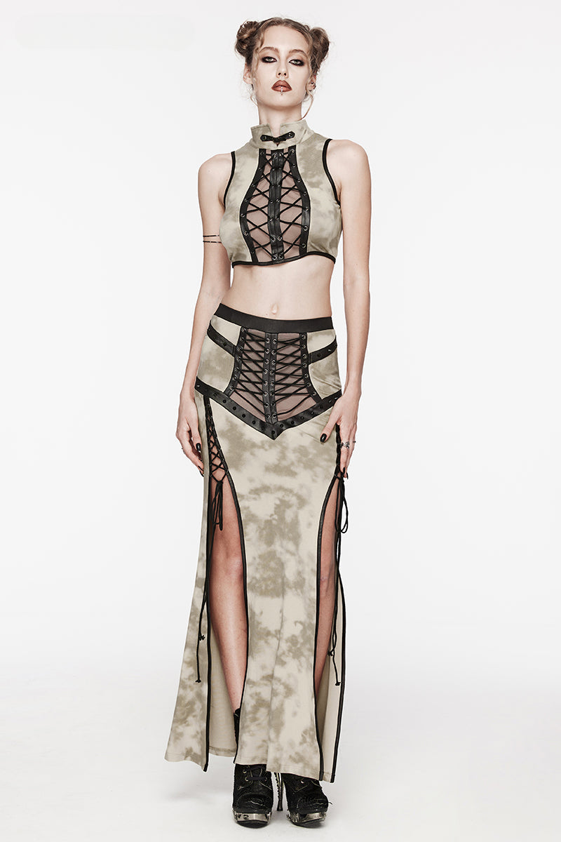 Daily See-through Mesh Drawstring Rope Slit Gothic Personalized Long Skirt
