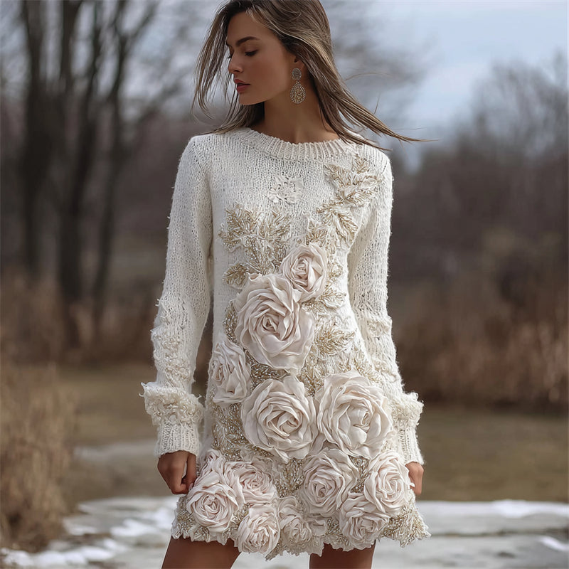 Classy White Roses Glitter Fiber Art Cozy Knit Sweater Dress artswardrobe