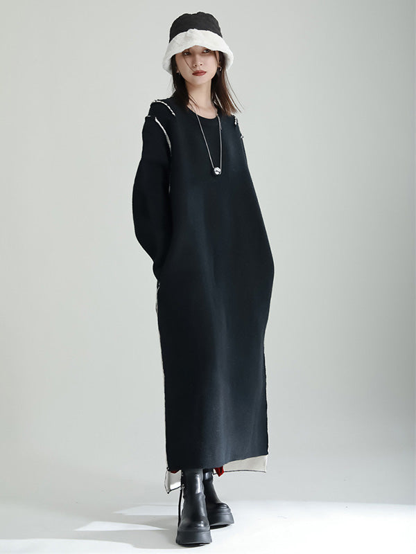 Long Sleeves Loose Color Round-neck Sweater Dresses