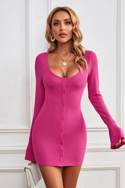 Buttoned U-neck Bodycon Sweater Dress