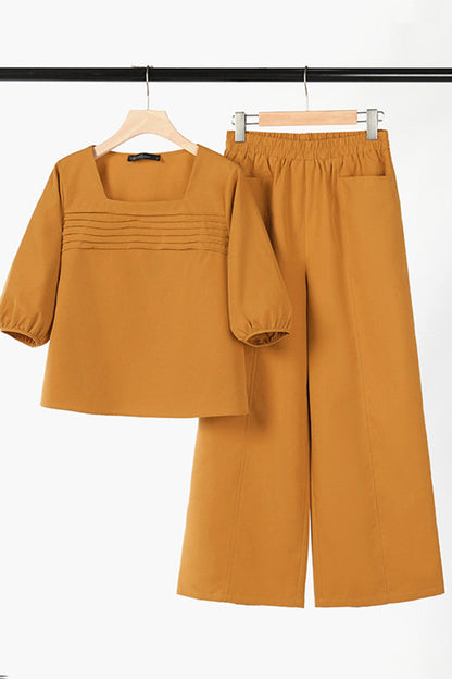 Loose Color Long Sleeved Top Wide Leg Pants Set