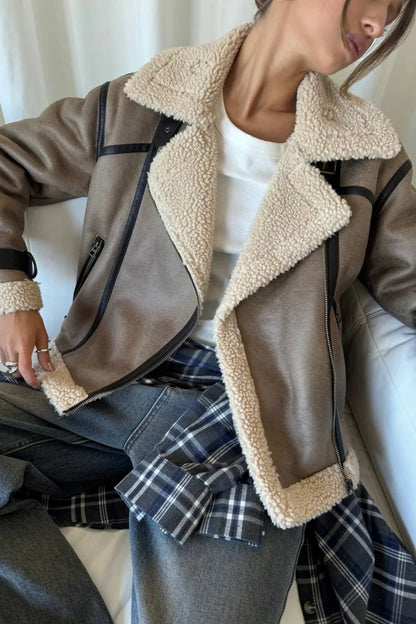 Patchwork Faux Suede Lapel Long Coat