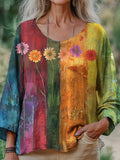 Bohemian Vintage Floral Print Women's Linen Shirt elevenforest