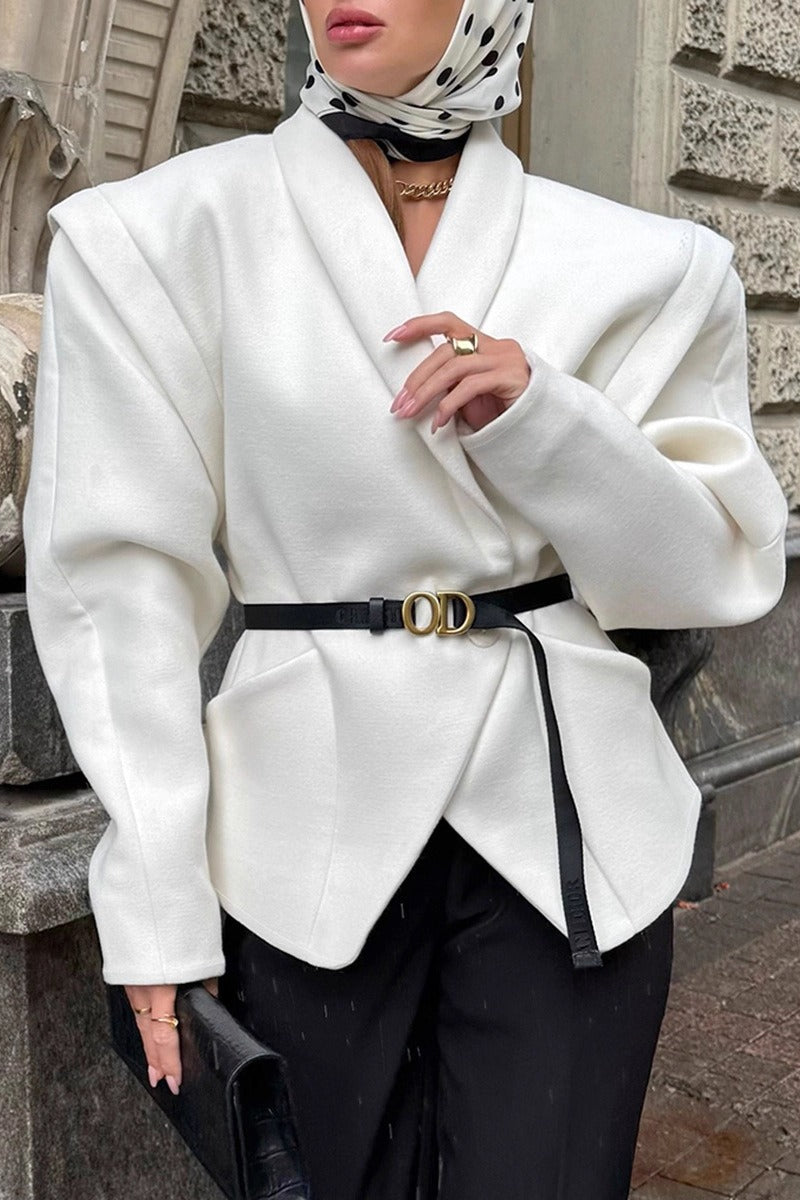 White Wool Thickened Belted Collared Mid-coat