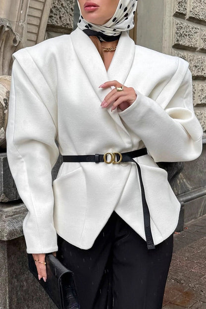 White Wool Thickened Belted Collared Mid-coat