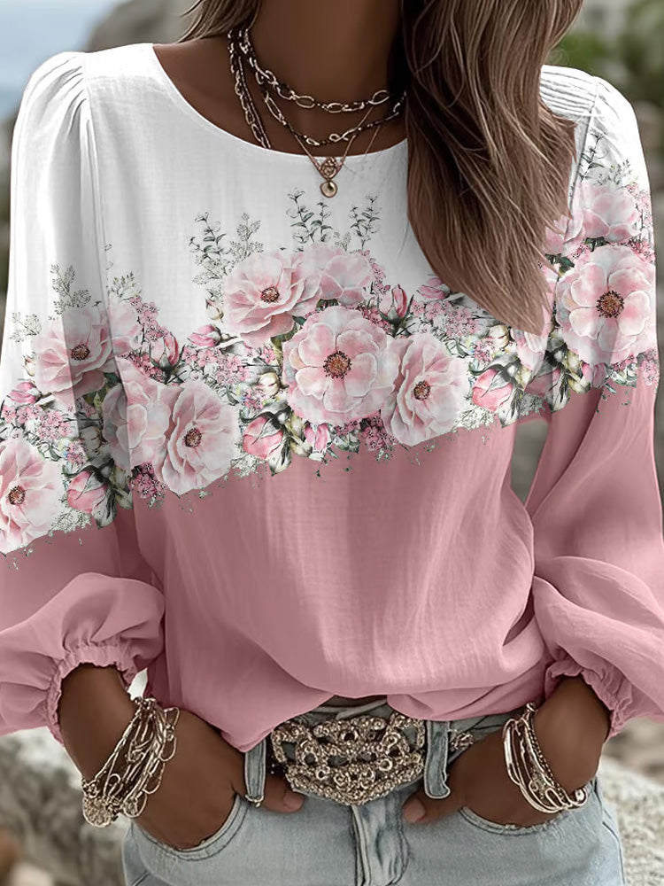 Women's Floral Print Round Neck Long Sleeve Linen Blend Shirt elevenforest