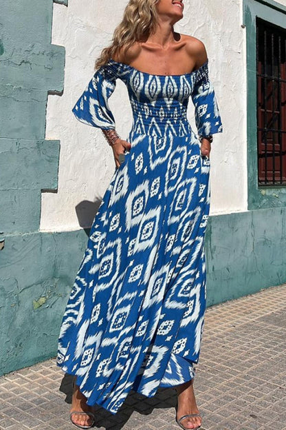 Street Vacation Style Print Off Shoulder Pocket Long Skirt