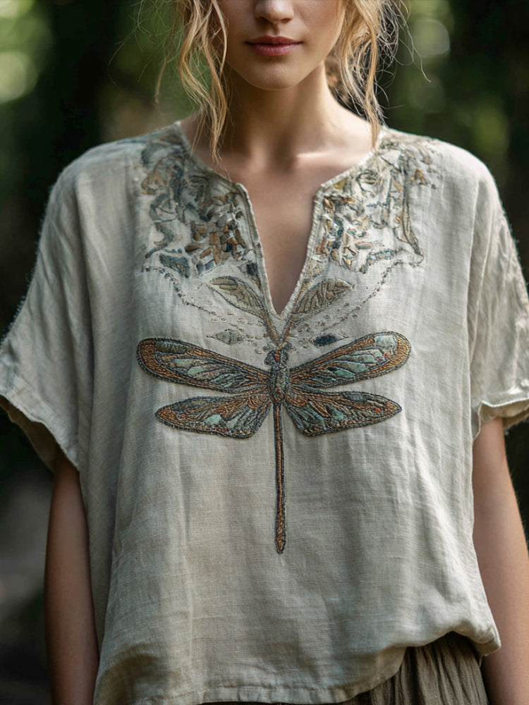 Bohemian Style Plant And Flower Three-dimensional Embroidery Vintage V-neck Short-sleeved Shirt elevenforest