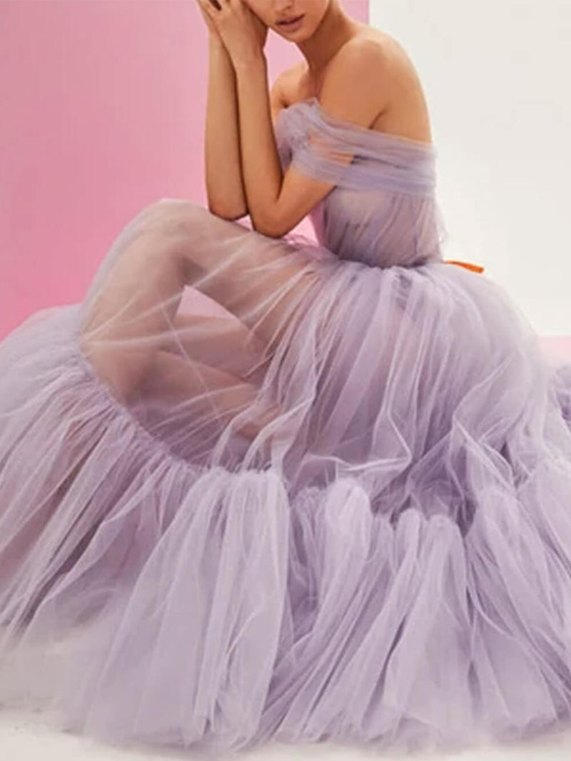 Off-shoulder Color Gauze Midi Dress