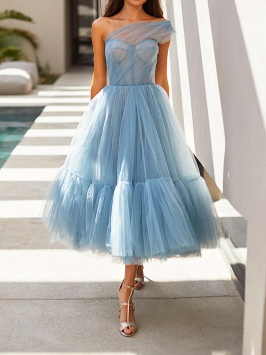 Off-shoulder Color Gauze Midi Dress