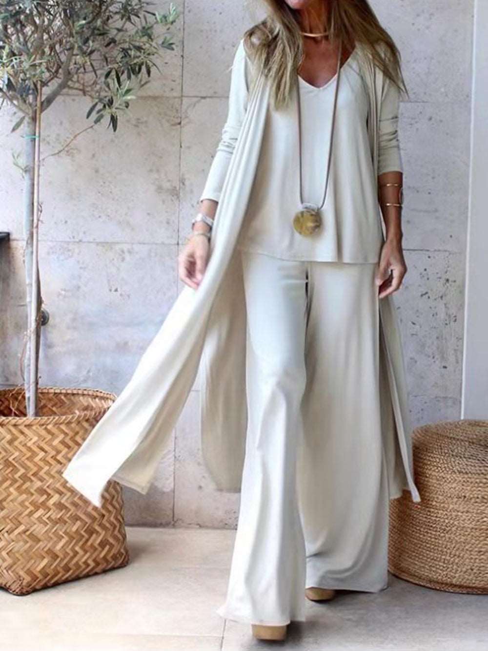 Cardigan Coat Sling Top Wide Leg Pants 3pcs Set