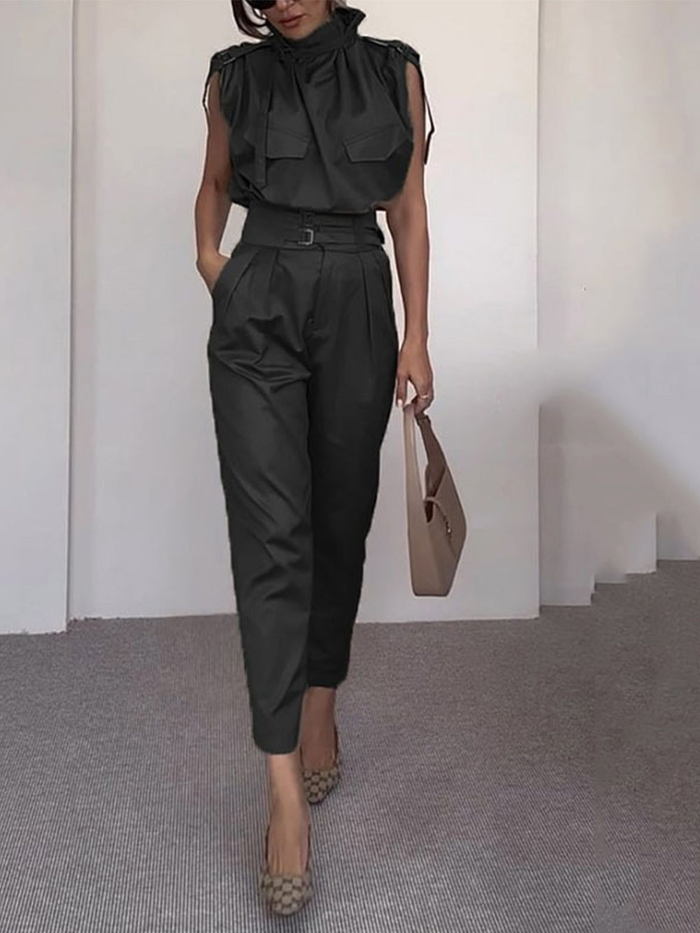 Side Pocket Belt Long Pant Set in Sage