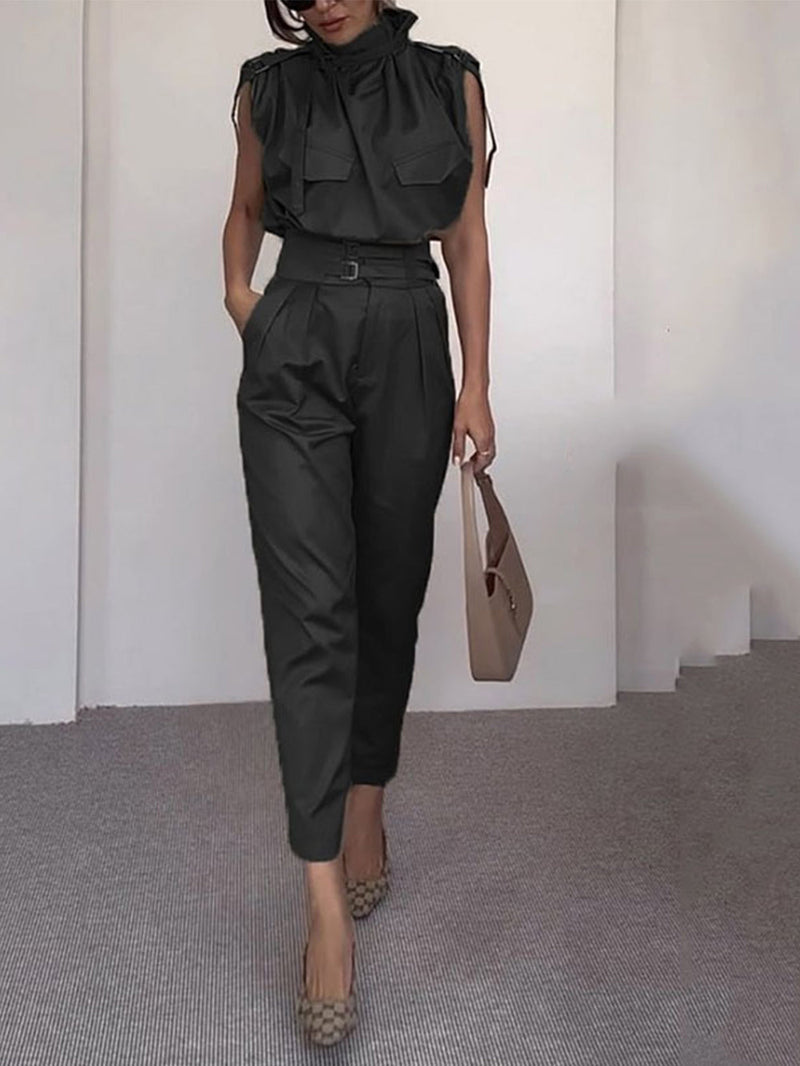 Side Pocket Belt Long Pant Set in Sage