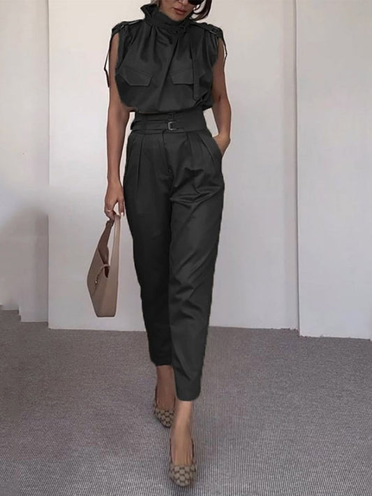 Side Pocket Belt Long Pant Set in Sage