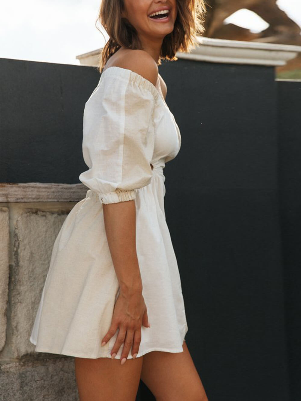 One-shoulder Off-waist Balloon Sleeve Mini Dress