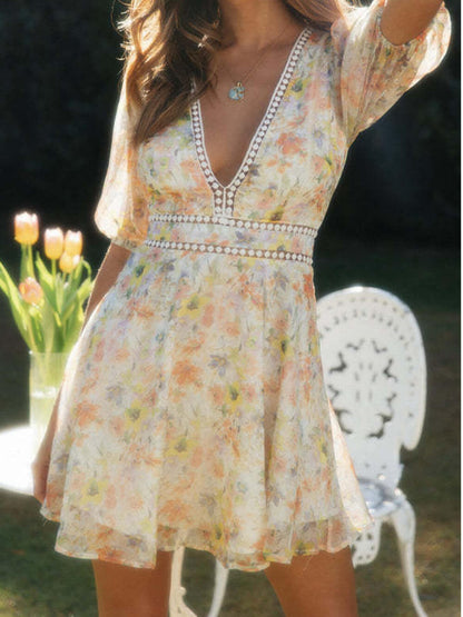 Chiffon Printed V-neck Puff Sleeve Mini Dress