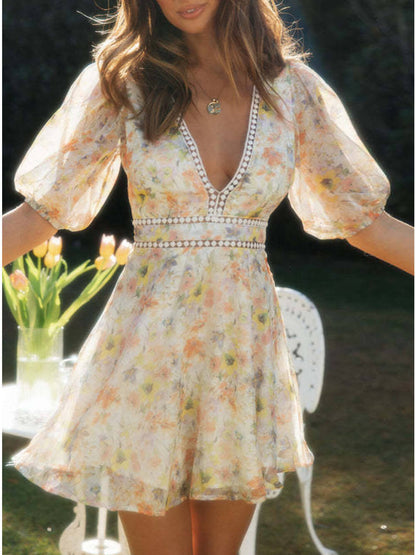 Chiffon Printed V-neck Puff Sleeve Mini Dress