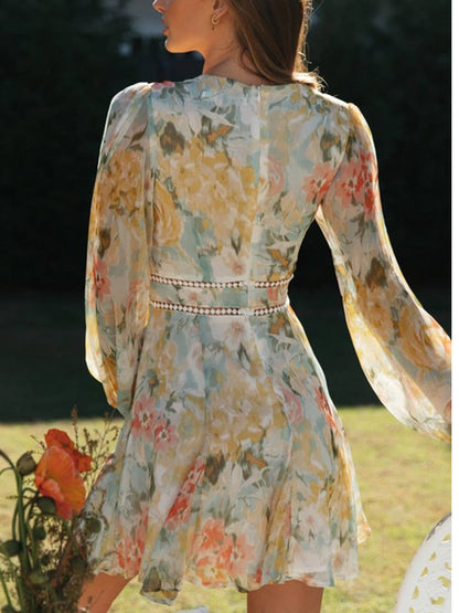 V-neck Puff Sleeve Lace Mini Dress