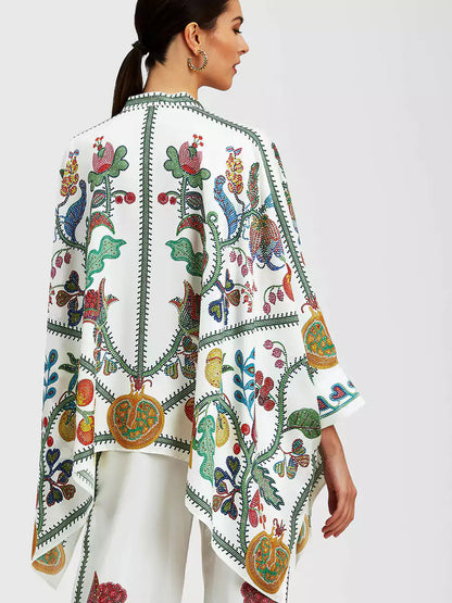 Fine Satin Print Batwing Sleeve Pants Set - White