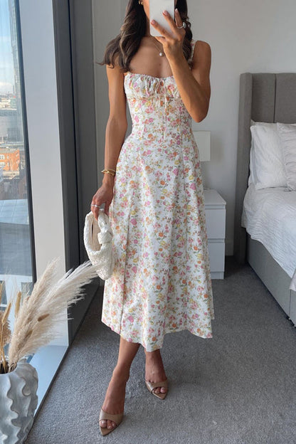 Adjustable Strap High Waist Slit Swing Midi Dress