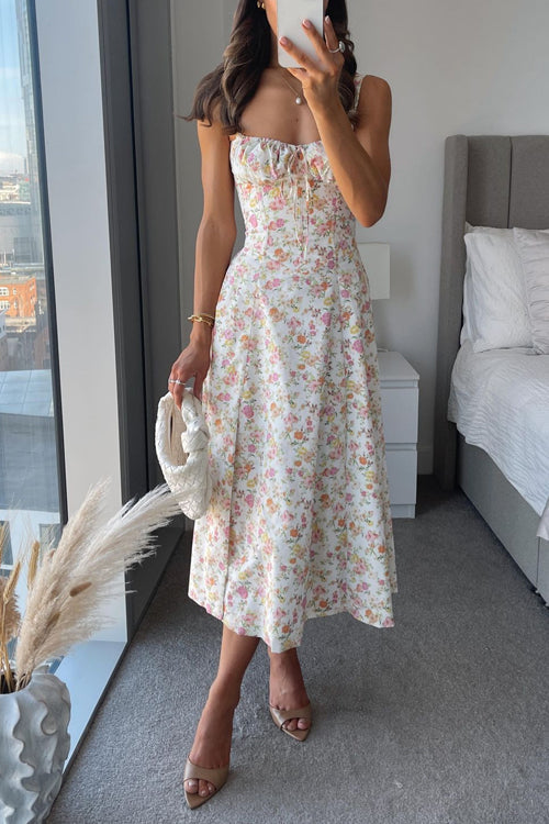 Adjustable Strap High Waist Slit Swing Midi Dress