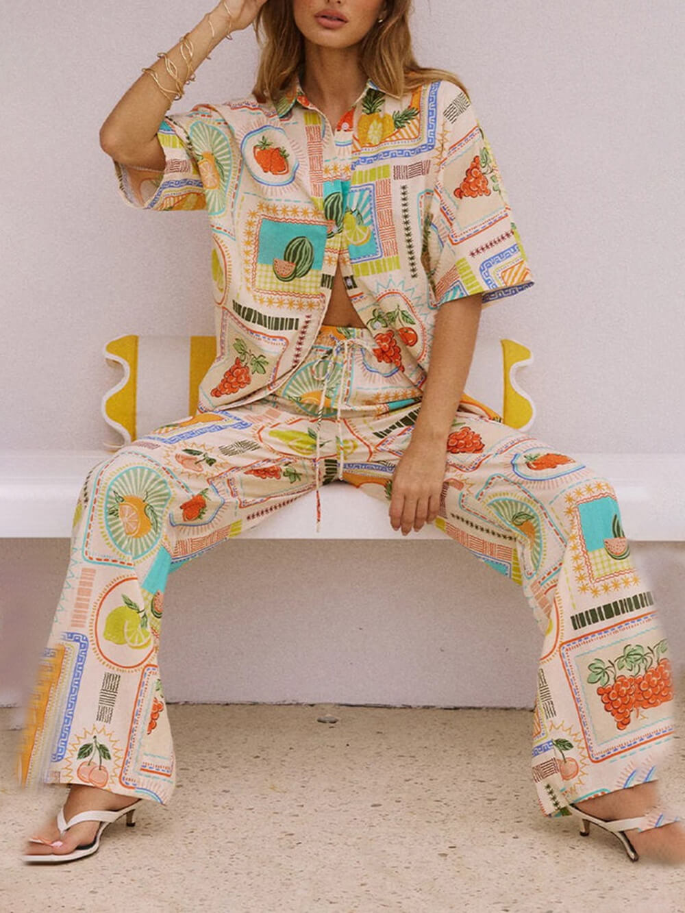 Unique Print Loose Short- Shirt Straight Pants Set
