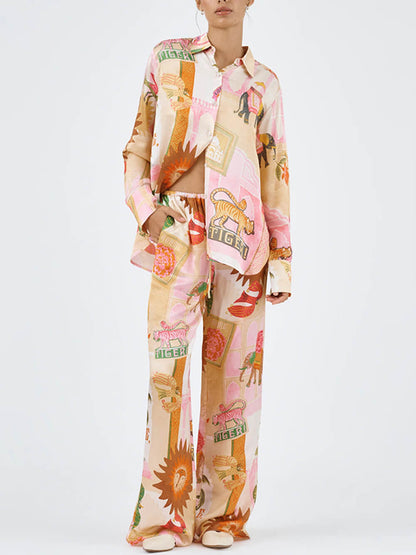 Unique Printed Shirt Top and Elastic Waist Loose Pants Set