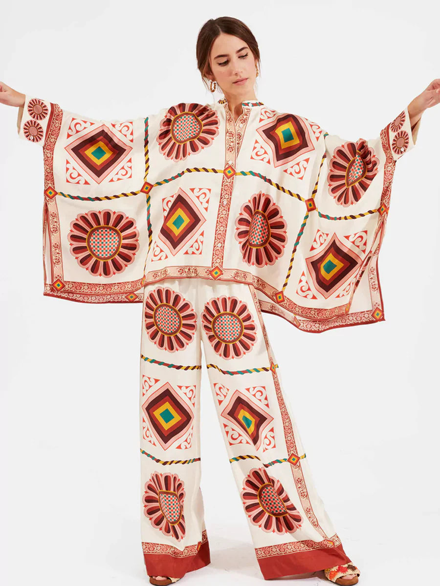 Fine Satin Print Batwing Sleeve Pants Set - Off-white