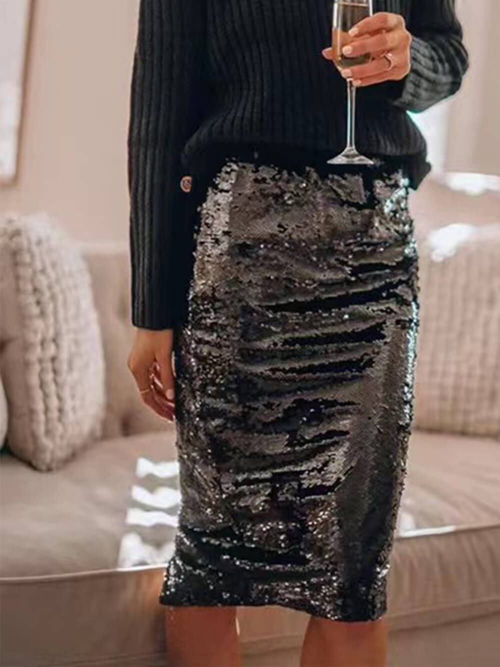 Sequined Hip-hugging A-line Skirt