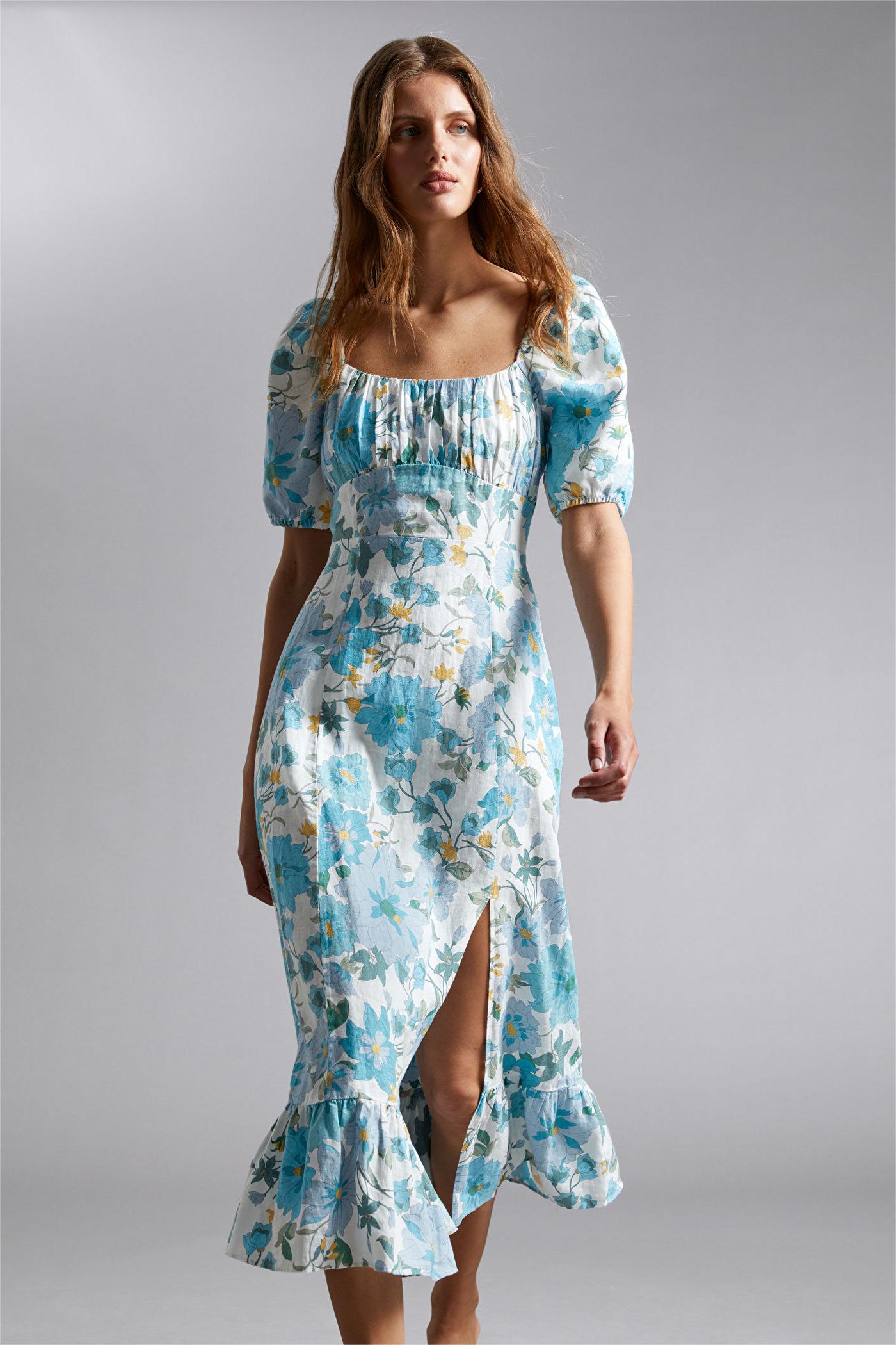Puff Sleeve Square Collar Slit Midi Dress