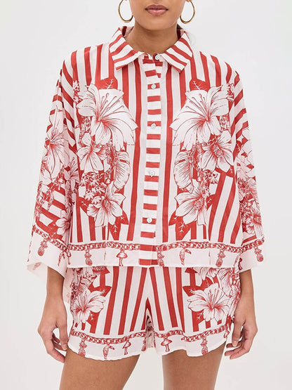 Unique Print Wide Sleeve Shirt and Elastic Waist Pocketed Shorts Set