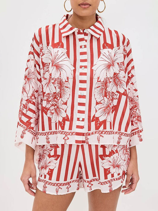 Unique Print Wide Sleeve Shirt and Elastic Waist Pocketed Shorts Set