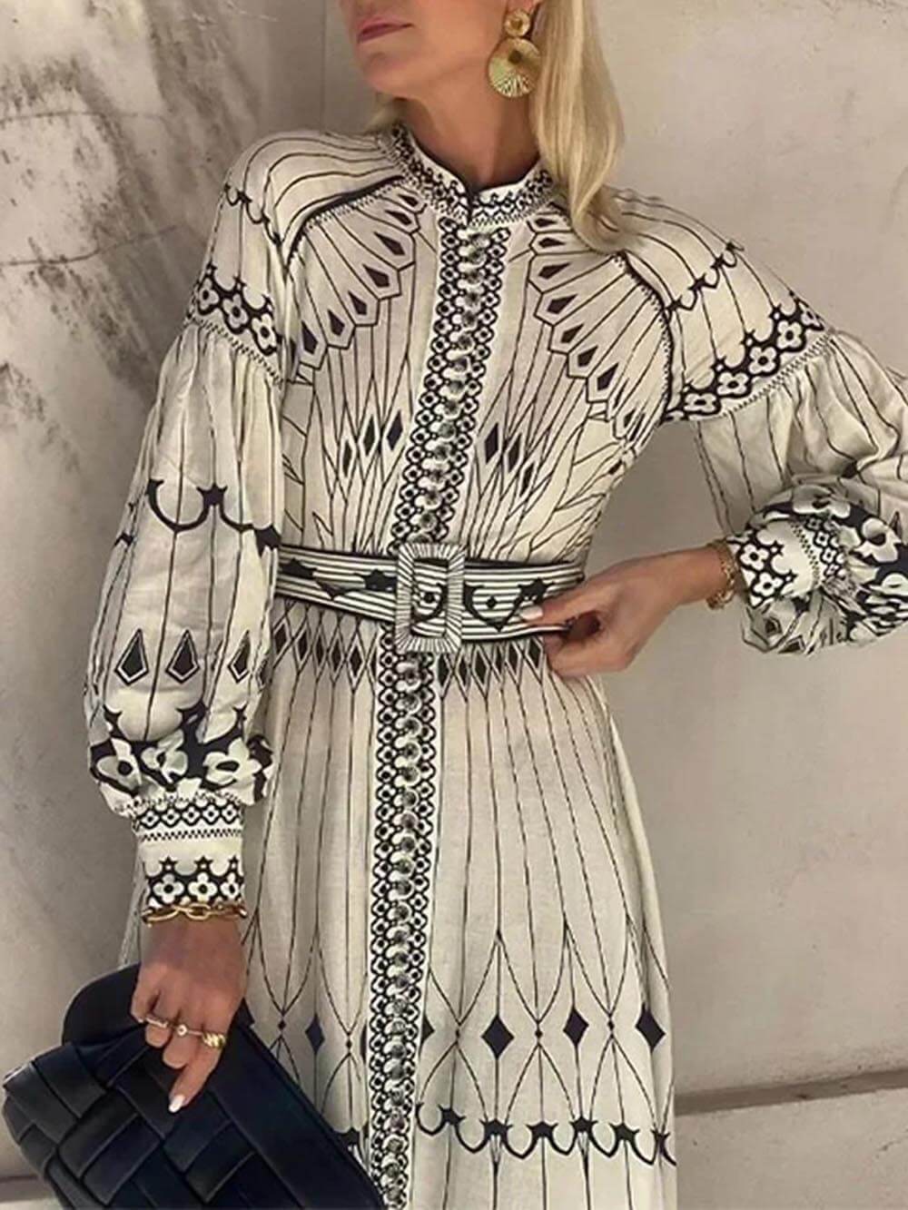 Lantern Sleeve Print Midi Dress