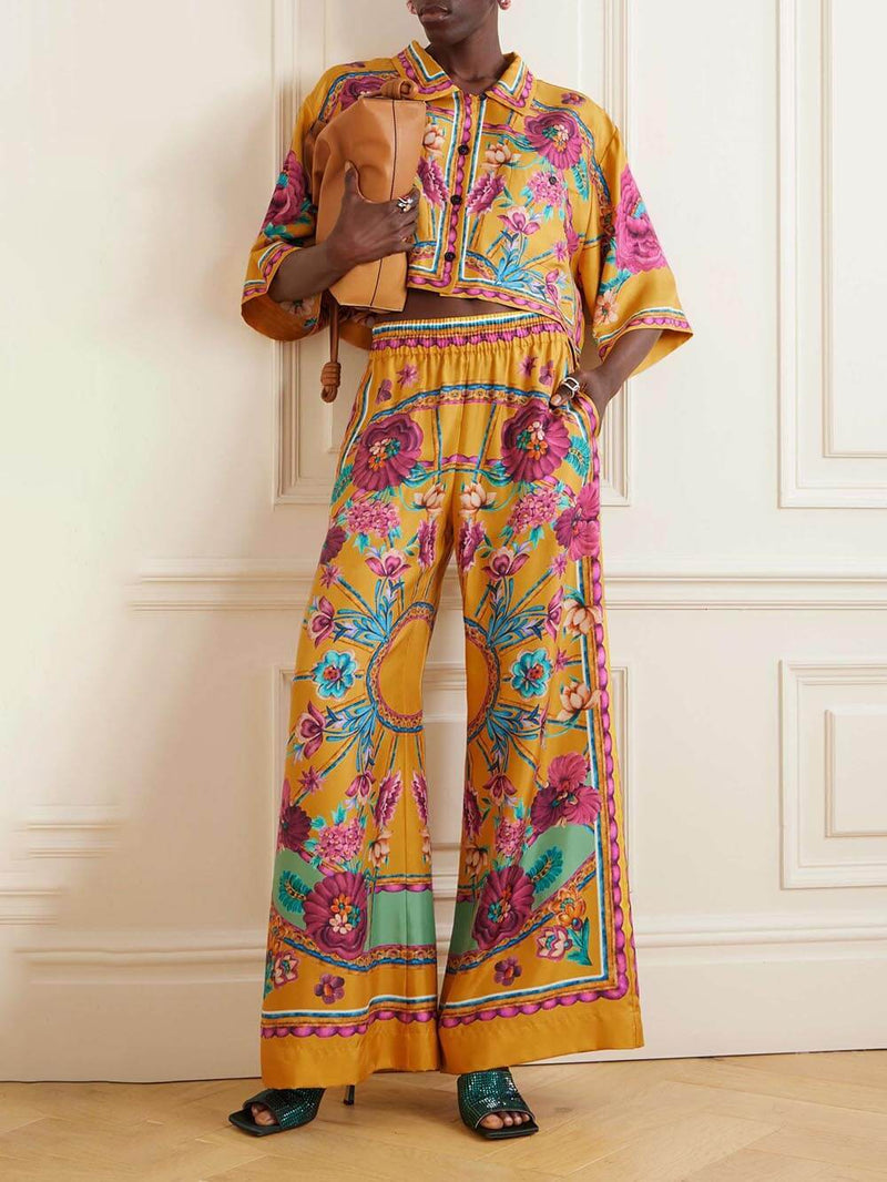Sunset Cropped Unique Printed Loose Wide-leg Pants