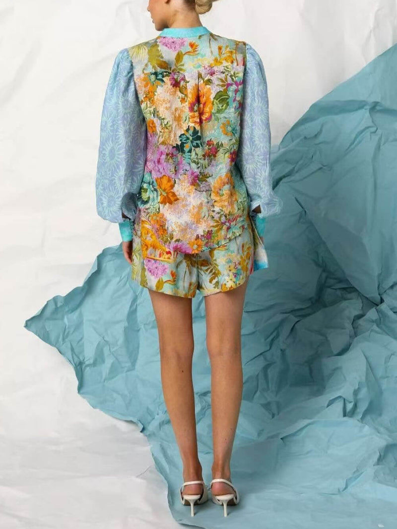 Classic Unique Print Linen Long-sleeved Shirt and Shorts Set