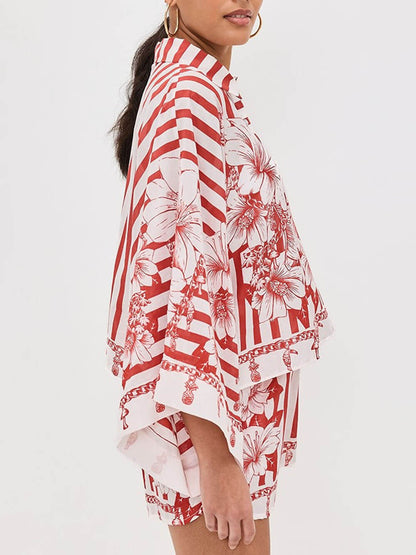 Unique Print Wide Sleeve Shirt and Elastic Waist Pocketed Shorts Set