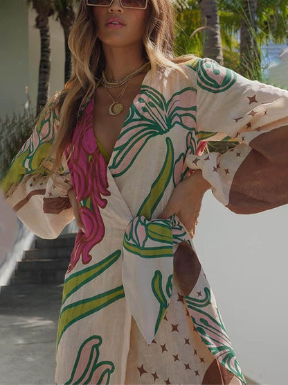 Linen Blend Unique Print Balloon Sleeve Tie-up Tunic Maxi Dress