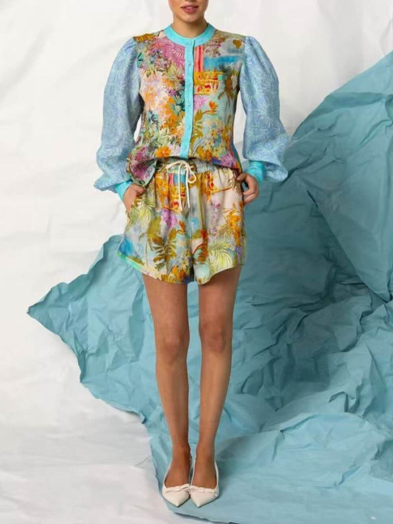 Classic Unique Print Linen Long-sleeved Shirt and Shorts Set