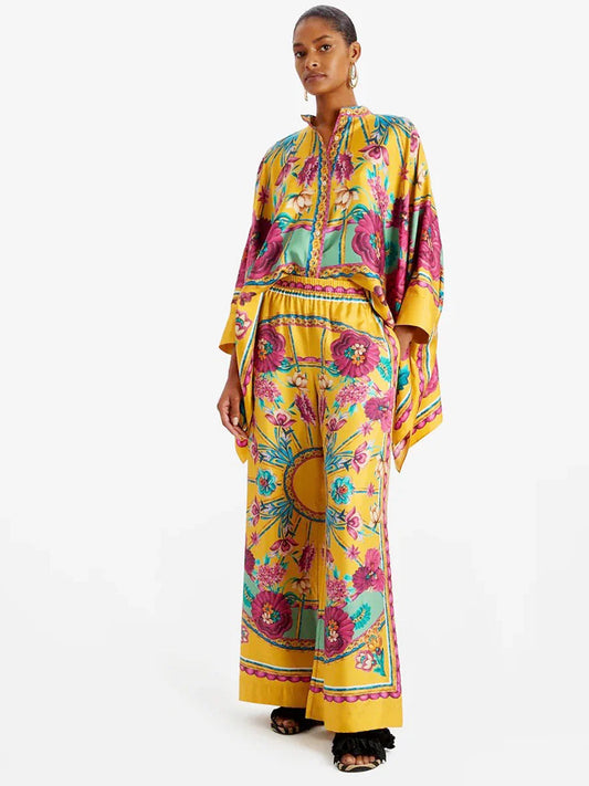 Fine Satin Print Batwing Sleeve Pants Set - Ginger Yellow