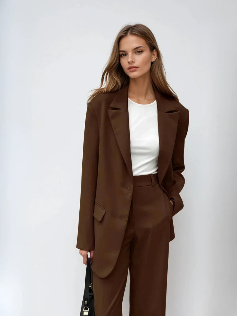 Mocha Blazer & Wide-leg Pants Matching Set