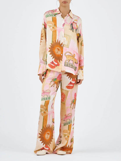 Unique Printed Shirt Top and Elastic Waist Loose Pants Sets