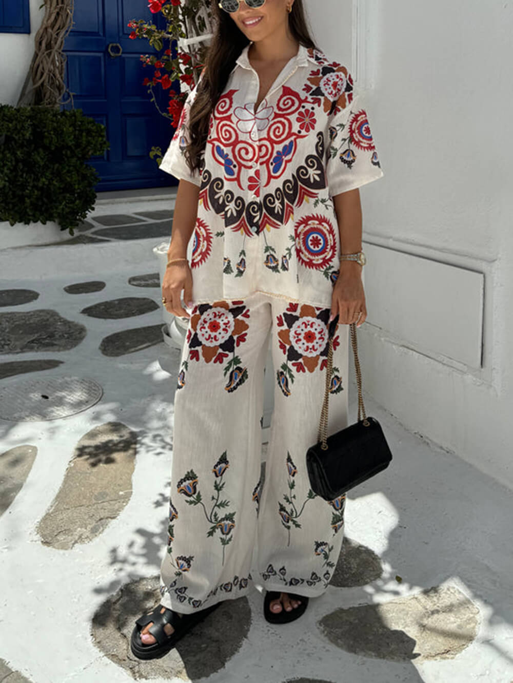 Unique and Exquisite Print Elastic Waist Pocket Wide Leg Pants