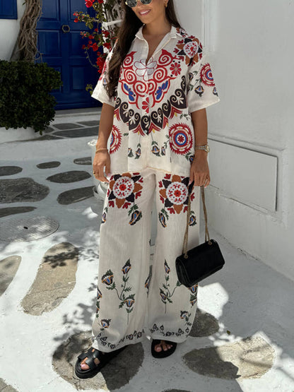 Unique and Exquisite Print Elastic Waist Pocket Wide Leg Pants