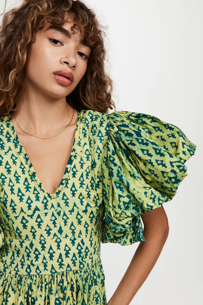 Printed Puff Sleeve V-neck Slit Maxi Dress