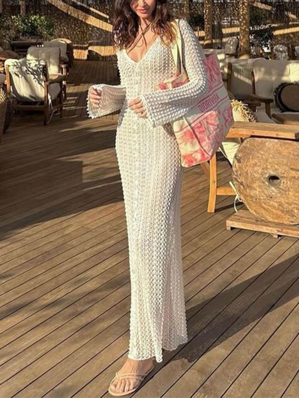 Bella-beach V-neck Crochet Maxi Dress