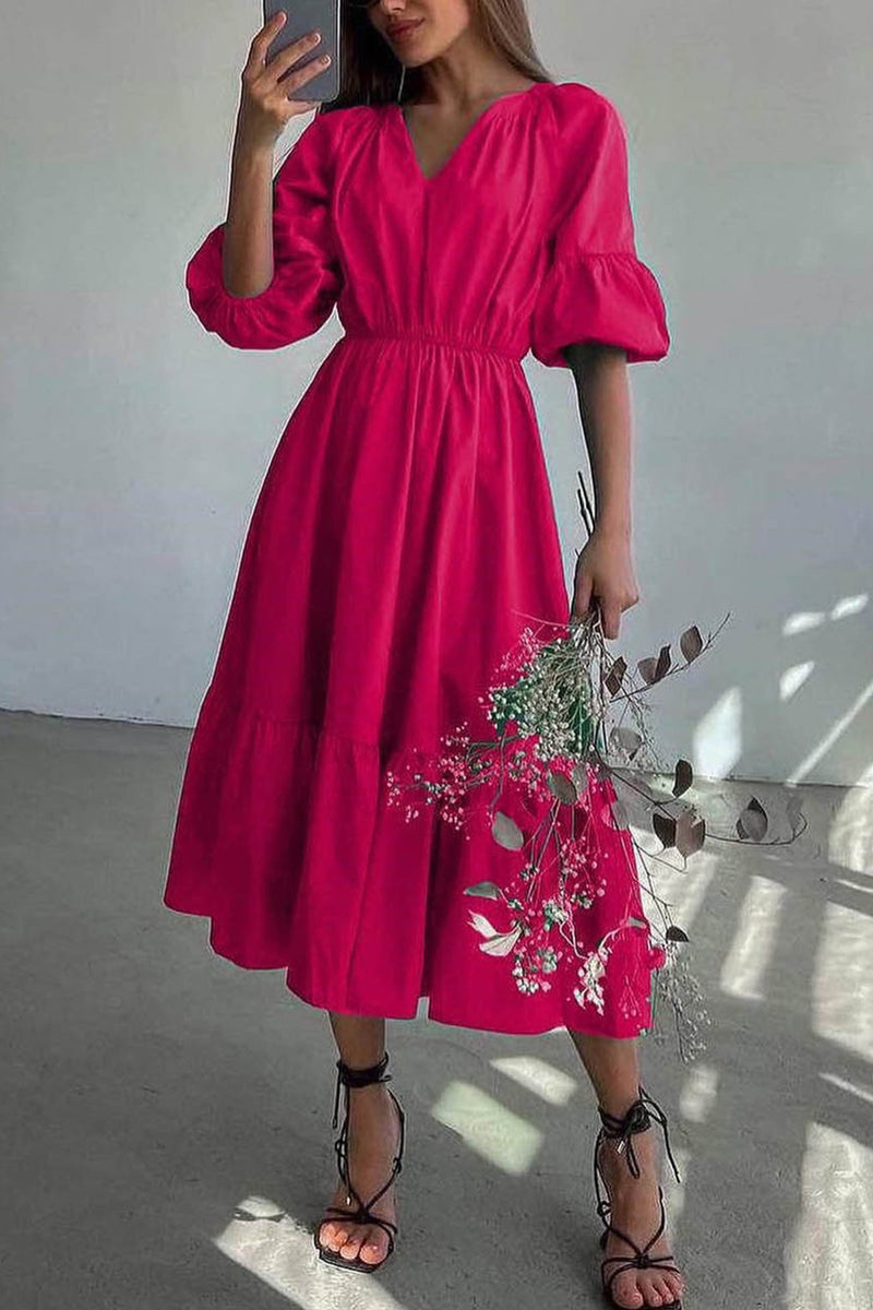 Half Sleeve V Neck High Waist Midi Dress