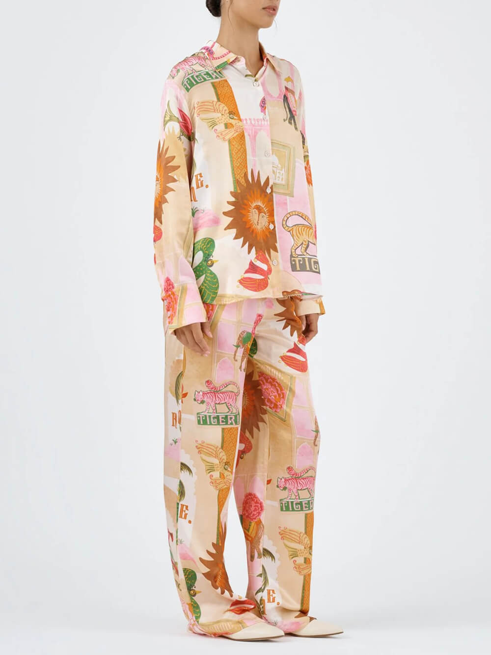 Unique Printed Shirt Top and Elastic Waist Loose Pants Sets